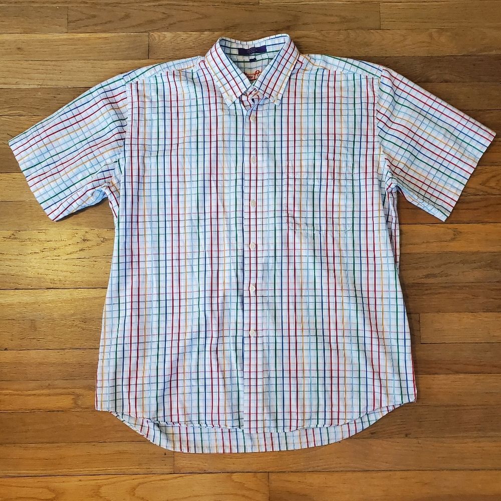 Alan Flusser Men's Multicolor Plaid Button Down Short Sleeve Shirt Size Large